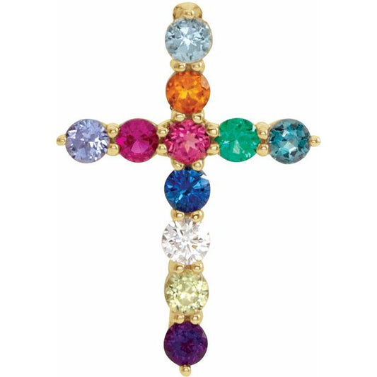 14K Yellow Gold Round  14.6 X 10.5 Mm 1.8Mm I1, G-H Polished Natural Multi-Gemstone & .03 CT Natural Diamond Cross Pendant