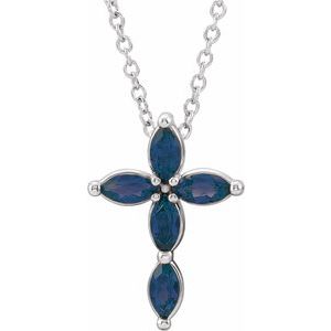 14K White Gold Marquise 4 X 2 Mm  Natural Blue Sapphire Cross Necklace, Length: 18 In