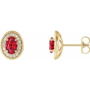 14K Yellow Gold Oval 7 X 5 Mm Natural Ruby And 1/6 Ctw Natural Diamond Earrings With Backs