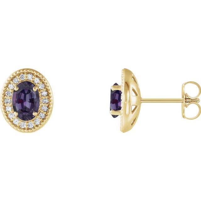 14K Yellow Gold Oval 7 X 5 Mm Friction Backs Polished Lab-Grown Alexandrite And 1/6 Ctw Natural Diamond Earring With Backs