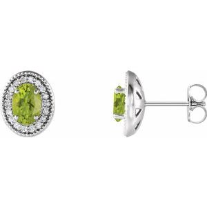 14K White Gold Oval 7 X 5 Mm Natural Peridot And 1/6 Ctw Natural Diamond Earrings With Backs