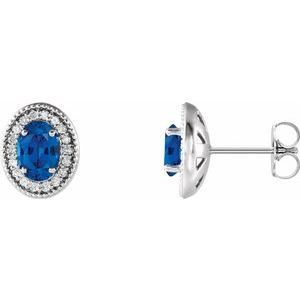 14K White Gold Oval 6 X 4 Mm Natural Blue Sapphire And 1/5 Ctw Natural Diamond Earrings
