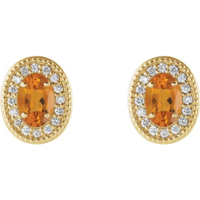 14K Yellow Gold Oval 7 X 5 Mm Friction Backs Polished Natural Citrine And 1/6 Ctw Natural Diamond Earrings With Backs