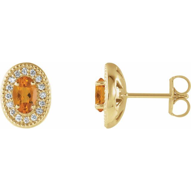 14K Yellow Gold Oval 7 X 5 Mm Friction Backs Polished Natural Citrine And 1/6 Ctw Natural Diamond Earrings With Backs