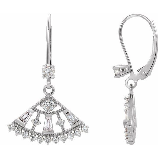 14K White Gold 2.5 Mm Round Lever Backs Polished 3/4 Ctw Natural Diamond Fan Earrings