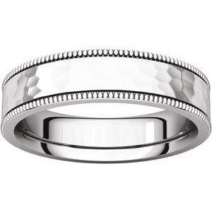 14K White Gold Hammer/Satin 10 5 Mm Polished Flat Comfort-Fit Milgrain Satin And Hammer Finish Size 10
