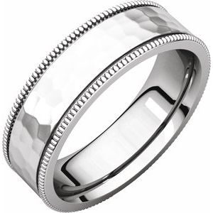 14K White Gold Hammer/Satin 6 Mm Polished Flat Comfort-Fit Milgrain Satin And Hammer Finish Size 8