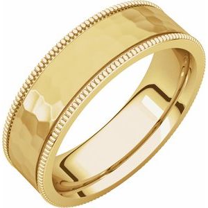 14K Yellow Gold 6 mm Flat Milgrain Band with Satin & Hammered Texture Size 9