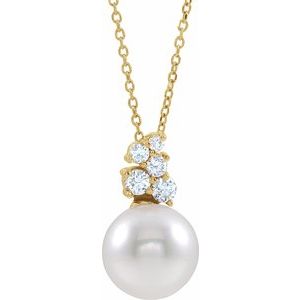 14K Yellow Gold Pearl 9.5-10.0 Mm G-H I1 Cultured White Freshwater Pearl And 1/4 Ctw Natural Diamond Bar Necklace, Length: 18 In