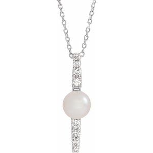 14K White Gold Pearl 6.0-6.5 Mm G-H I1 Cultured White Freshwater Cultural Pearl And 1/6 Ctw Natural Diamond Necklace, Length: 18 In