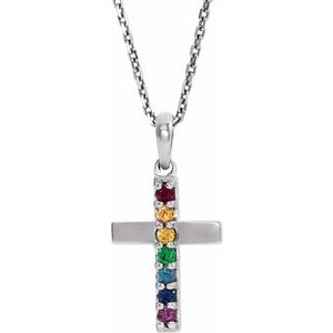 14K White Gold Round 1.5 Mm  Natural Multi-Colored Gemstone Cross Necklace, Length: 18 In