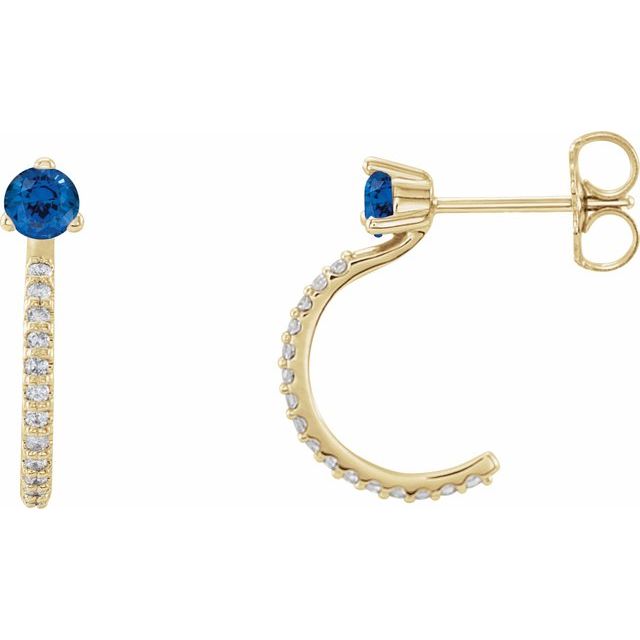 14K Yellow Gold 3 Mm Round Friction Back Polished Natural Blue Sapphire And 1/8 Ctw Natural Diamond J-Hoop Earrings