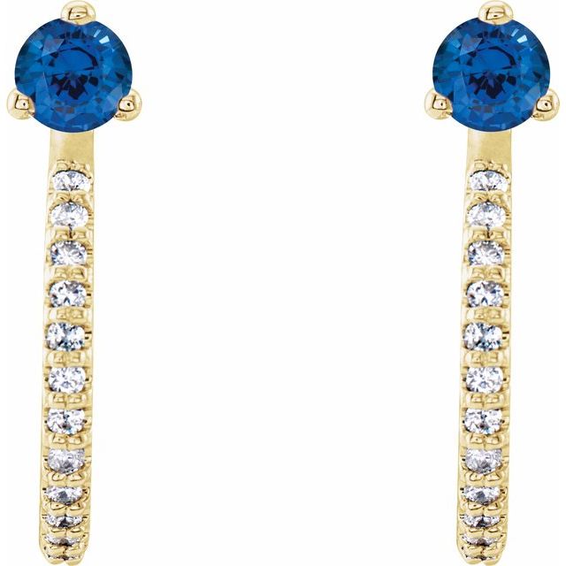 14K Yellow Gold 3 Mm Round Friction Back Polished Natural Blue Sapphire And 1/8 Ctw Natural Diamond J-Hoop Earrings