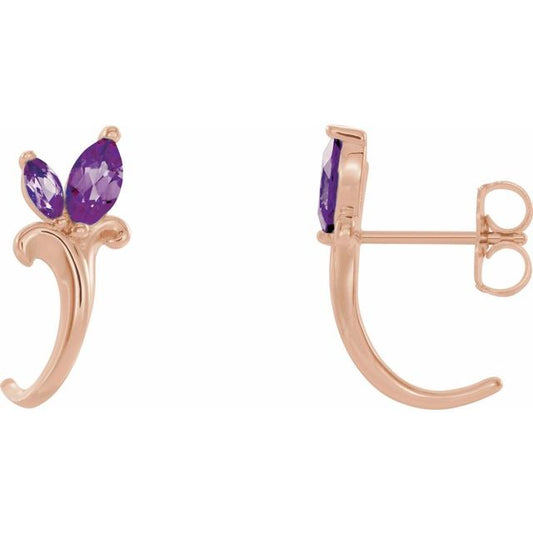 14K Rose Gold Marquise 6 X 3 Mm Friction Backs Polished Lab-Grown Alexandrite Floral-Inspired J-Hoop Earrings