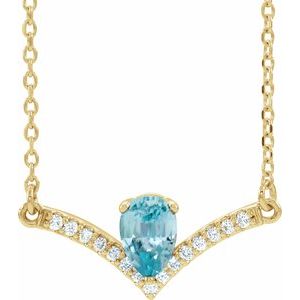 14K Yellow Gold Pear 6 X 4Mm G-H I1 Natural Blue Zircon And .06 Ctw Natural Diamond Necklace, Length: 16 In