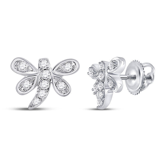 10K White Gold Womens Round Diamond Dragonfly Earrings 1/8 Cttw, Length: 0.28 In, Width: 0.35 In