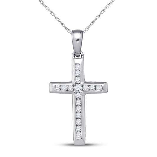 10K White Gold Womens Round Diamond Small Cross Pendant 1/8 Cttw, Length: 0.83 In, Width: 0.43 In
