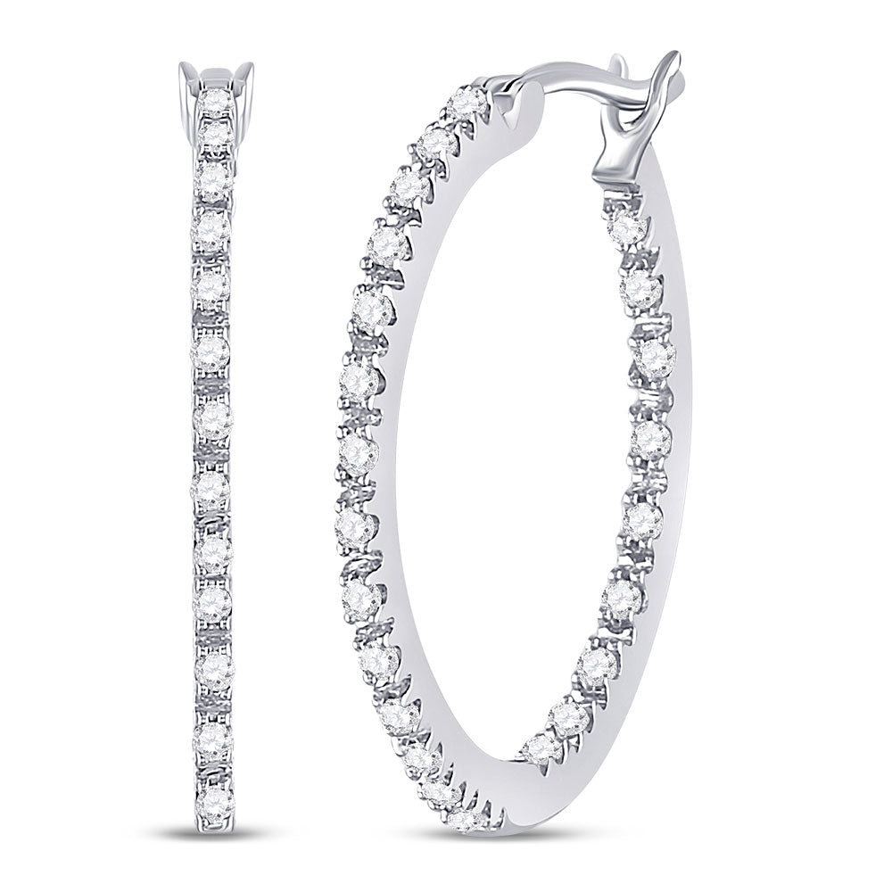 10K White Gold Womens Round Diamond Slender Single Row Hoop Earrings 1/4 Cttw