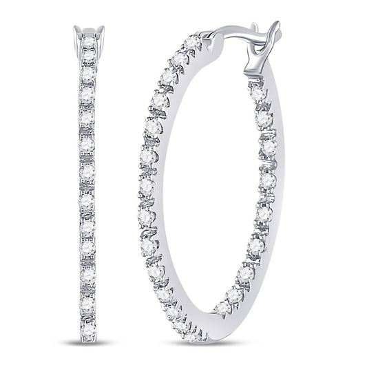 10K White Gold Womens Round Diamond Slender Single Row Hoop Earrings 1/4 Cttw