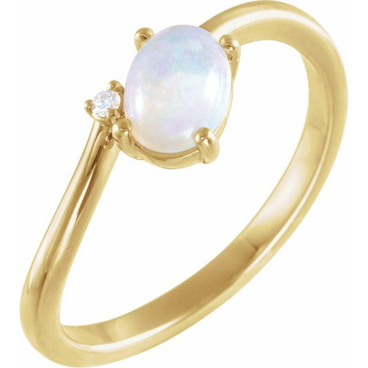 14K Yellow Gold Oval 7 X 5 Mm Polished Natural Ethiopian Opal And .015 Ct Natural Diamond Ring, Size 7