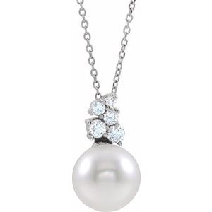 14K White Gold Pearl 9.5-10.0 Mm G-H I1 Cultured White Freshwater Pearl And 1/4 Ctw Natural Diamond Bar Necklace, Length: 18 In