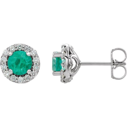 14K White Gold 4 Mm Round Friction Back Polished Natural Emerald And 1/8 Ctw Natural Diamond Earrings