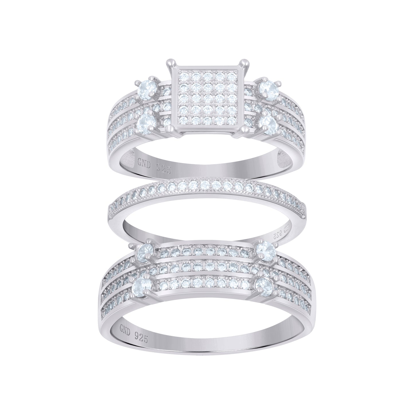 Sterling Silver Cubic-Zirconia Square Head Trio Bridal Anniversary Wedding Engagement Band Ring Set