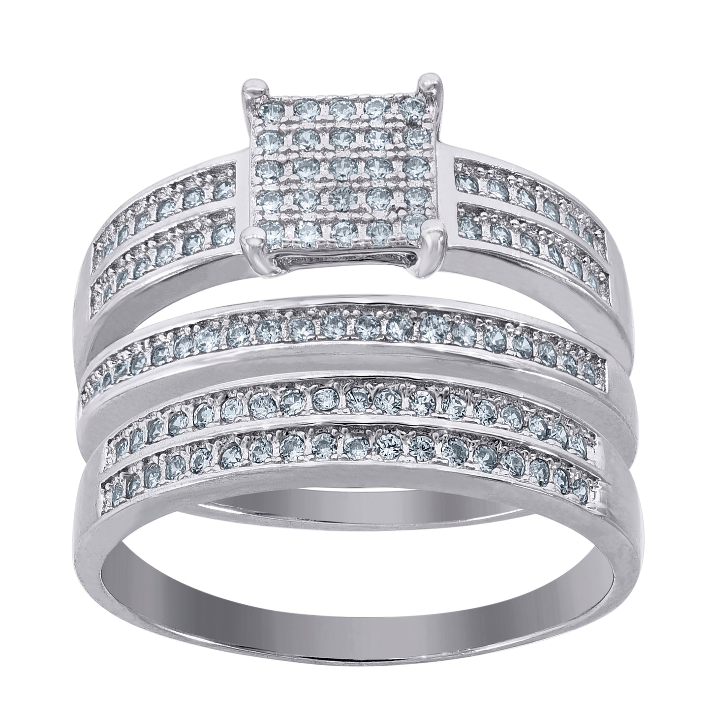 Sterling Silver Cubic-Zirconia Square Head Trio Bridal Anniversary Wedding Engagement Band Ring Set