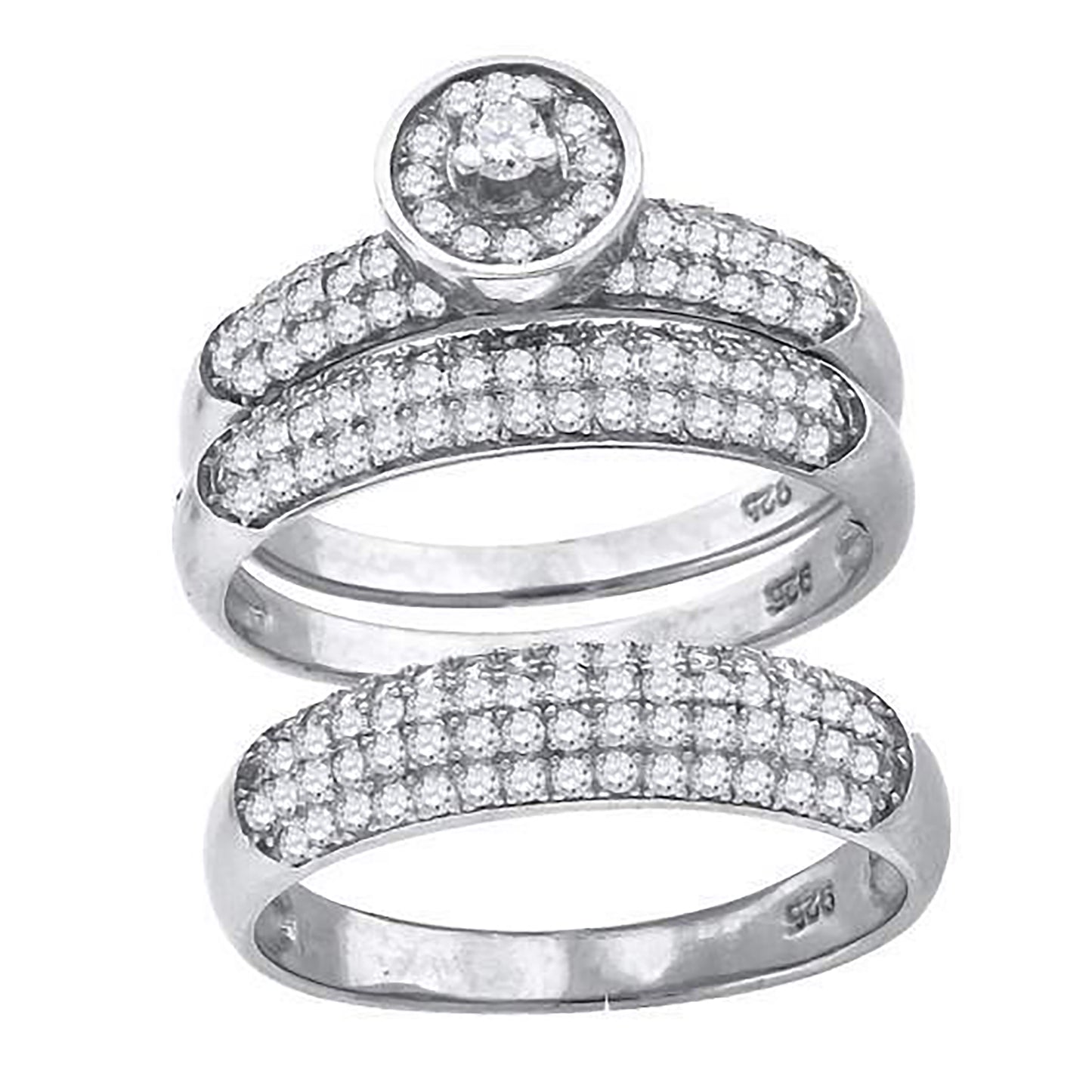 Sterling Silver Cubic-Zirconia Round Head Trio Bridal Anniversary Wedding Engagement Band Ring Set