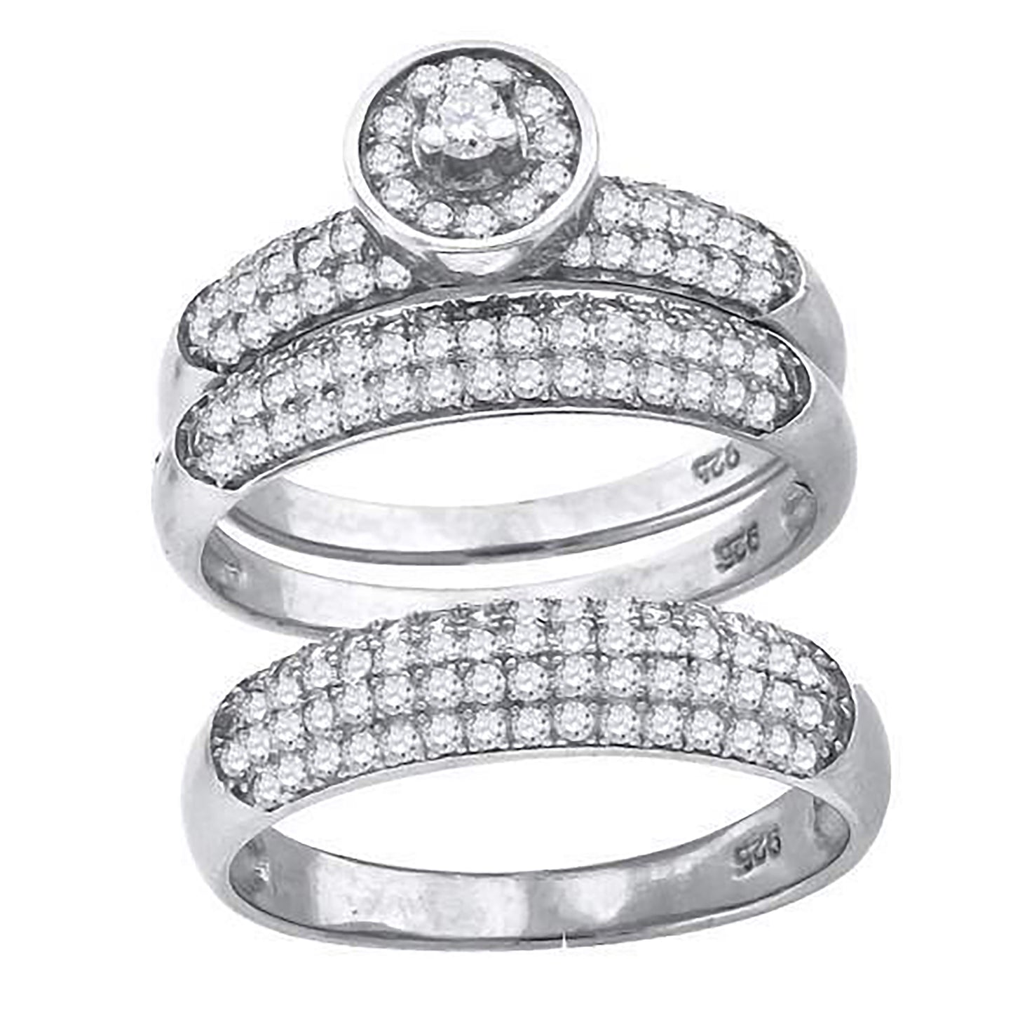 Sterling Silver Cubic-Zirconia Round Head Trio Bridal Anniversary Wedding Engagement Band Ring Set
