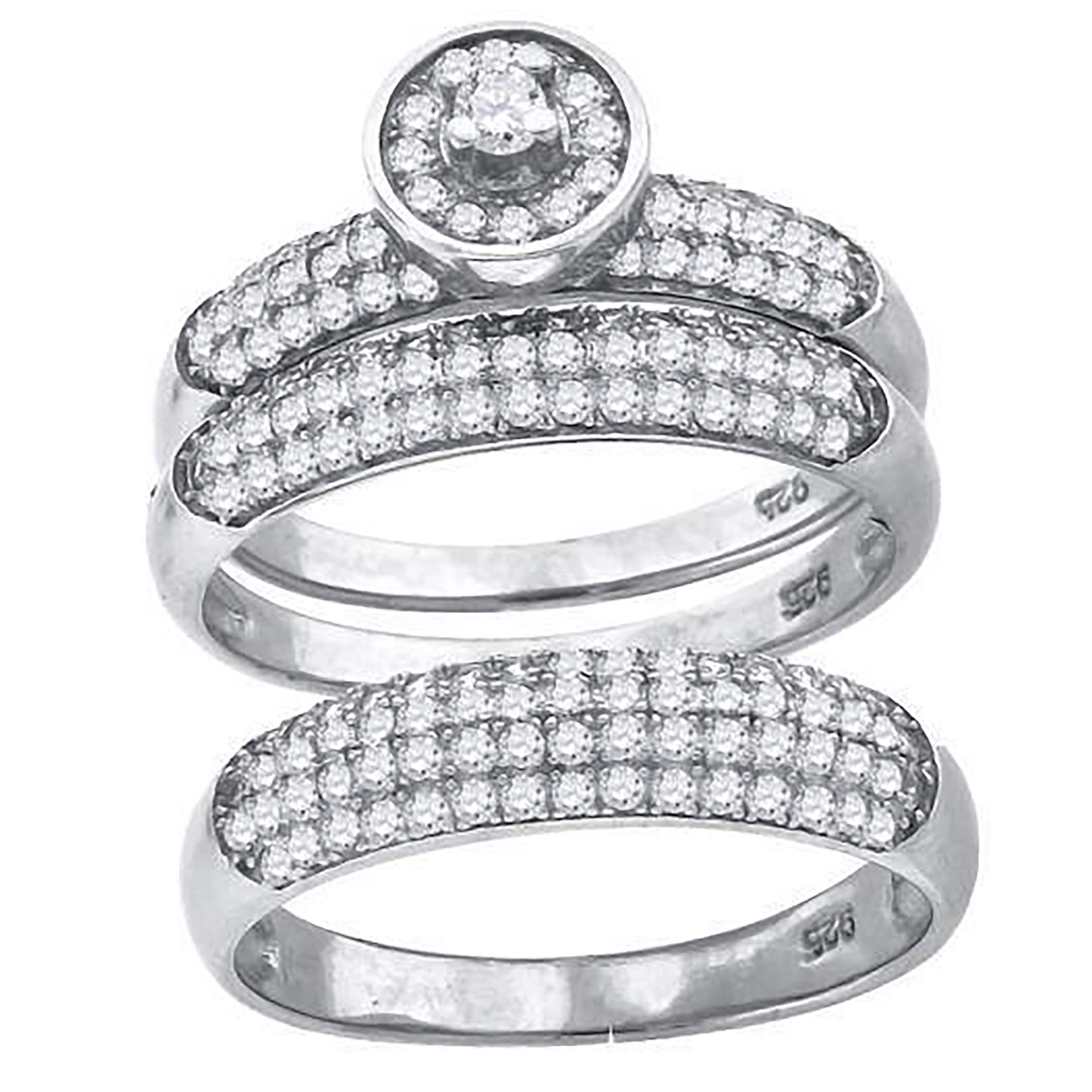 Sterling Silver Cubic-Zirconia Round Head Trio Bridal Anniversary Wedding Engagement Band Ring Set