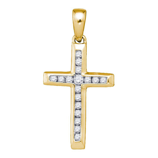 10K Yellow Gold Womens Round Diamond Small Cross Pendant 1/8 Cttw, Length: 0.83 In, Width: 0.43 In