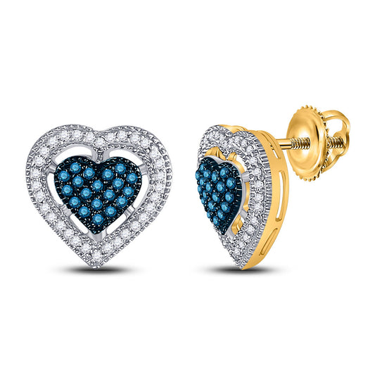 10K Yellow Gold Womens Round Blue Color Enhanced Diamond Heart Earrings 3/8 Cttw, Length: 0.47 In, Width: 0.47 In