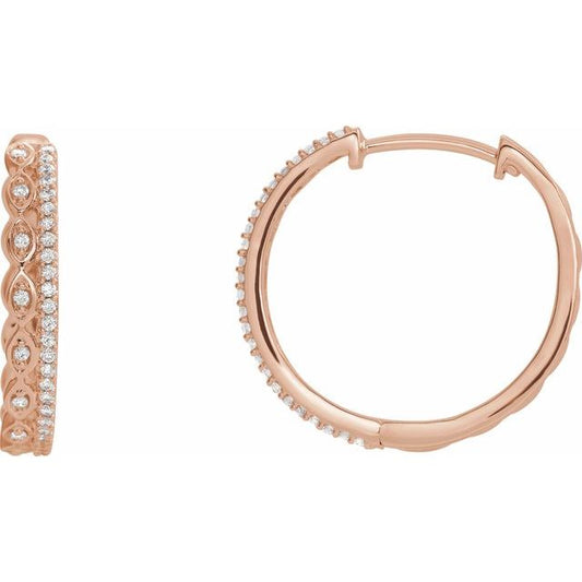 14K Rose Gold Round 19.4 Mm 3.3 Mm I1, H+ Pair Hinged Polished 1/4 Ctw Natural Diamond Geometric Hinged Hoop Earrings