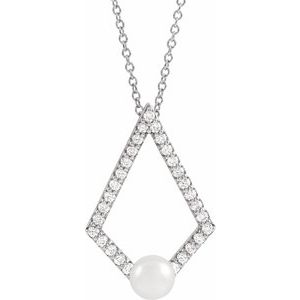 14K White Gold Pearl 5.0-5.5 Mm G-H I1 Cultured White Freshwater Pearl And 1/4 Ctw Natural Diamond Necklace, Length: 18 In