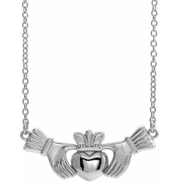 14K White Gold 23.3 X 9.3 Mm 18 In Polished Claddagh Necklace