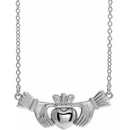 14K White Gold 23.3 X 9.3 Mm 18 In Polished Claddagh Necklace