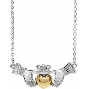 14K White/Yellow Gold 23.3 X 9.3 Mm 18 In Polished Claddagh Necklace