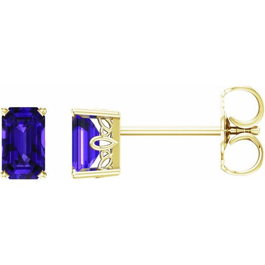 14K Yellow Gold Emerald 5 X 3 Mm Friction Backs Polished Natural Amethyst Earrings With Backs