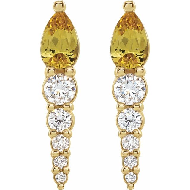 14K Yellow Gold Pear 5 X 3 Mm Friction Backs Polished Natural Citrine And 1/4 Ctw Natural Diamond Earrings