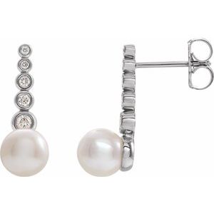 Platinum Pearl 5.5-6.0 Mm Cultured White Freshwater Pearl And 1/8 Ctw Natural Diamond Earrings