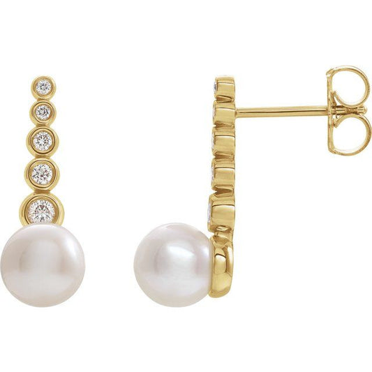 14K Yellow Gold 5.5-6.0 Mm Friction Backs Polished Cultured White Freshwater Pearl And 1/8 Ctw Natural Diamond Earrings