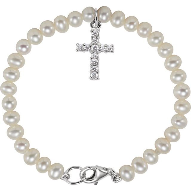 Sterling Silver 4.0 Mm 5 1/2 In Polished Cultured Freshwater Pearl And Imitation Cubic Zirconia Bracelet