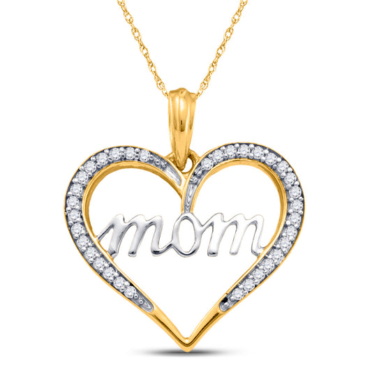 10K Yellow Gold Womens Round Diamond Heart Mom Pendant 1/8 Cttw, Length: 0.83 In, Width: 0.75 In
