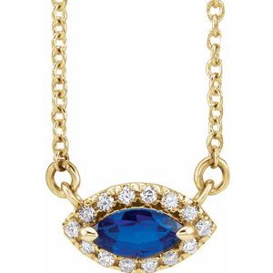 14K Yellow Gold Marquise 6 X 3Mm G-H I1 Lab-Grown Blue Sapphire And .05 Ctw Natural Diamond Necklace, Length: 18 In