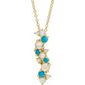 14K Yellow Gold 21.5 X 6.7 Mm 16-18 In Polished Natural Ethiopian Opal Turquoise And .03 Ctw Natural Diamond Scattered Necklace