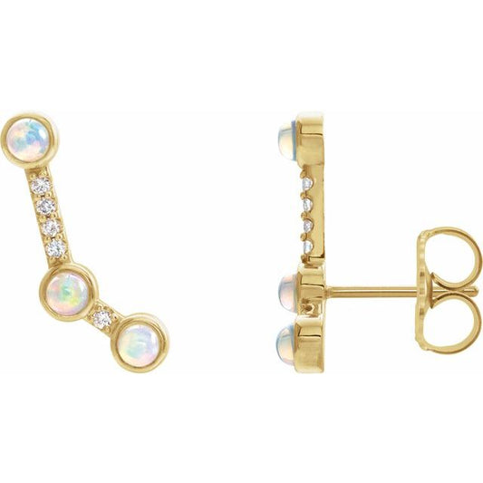 14K Yellow Gold 3 Mm Round Friction Back Polished Natural Ethiopian Opal And .08 Ctw Natural Diamond Ear Climbers