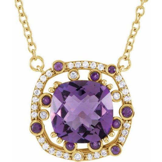 14K Yellow Gold Cushion 10 X 10Mm 16 In Polished Natural Ameythst And 1/6 Ctw Natural Diamond Necklace