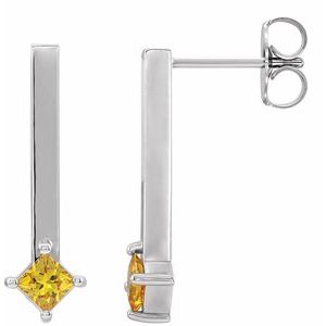 14K White Gold Square 3 X 3 Mm Natural Yellow Sapphire Bar Drop Earrings