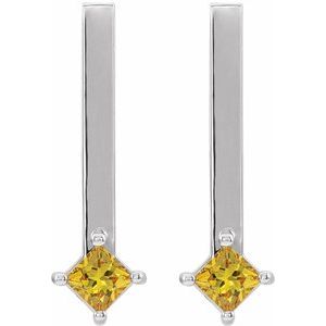 14K White Gold Square 3 X 3 Mm Natural Yellow Sapphire Bar Drop Earrings